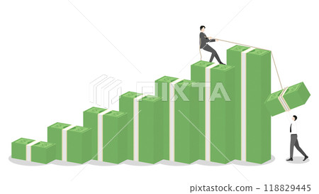 Businessman pulling a rope for banknote on money stack up bar chart with teamwork help, financial success, and investment strategy. Leadership and progress in the compete economy and financial market Businessman pulling a rope for banknote on money stack up bar chart with teamwork help, financial success, and investment strategy. Leadership and progress in the compete economy and financial market 118829445