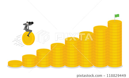 A businessman uses binoculars and riding a coin forward on stacks of money bar chart up, business progress, financial success, and target goal in a growing economy with investment and leadership 118829449