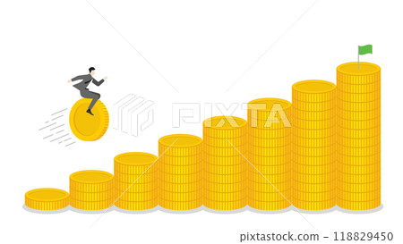 A businessman riding a coin forward on stacks of money toward a bar chart, business progress, financial success, and goal achievement in a growing economy with strategic investment and leadership 118829450