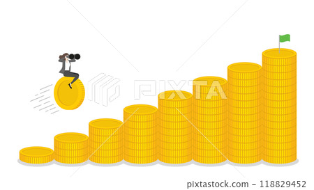 A businesswoman uses binoculars and riding a coin forward on stacks of money bar chart up, business progress, financial success, and target goal in a growing economy with investment and leadership A businesswoman uses binoculars and riding a coin forward on stacks of money bar chart up, business progress, financial success, and target goal in a growing economy with investment and leadership 118829452