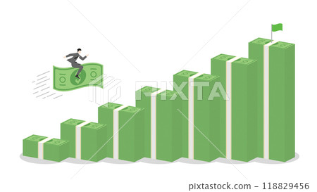 A businessman riding on a banknote forward to money stack bar chart rising, business progress, financial success, and goal achievement in a growing economy with strategic investment and leadership A businessman riding on a banknote forward to money stack bar chart rising, business progress, financial success, and goal achievement in a growing economy with strategic investment and leadership 118829456