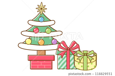 A simple, pop and cute hand-drawn illustration of a Christmas tree and presents and gifts 118829551