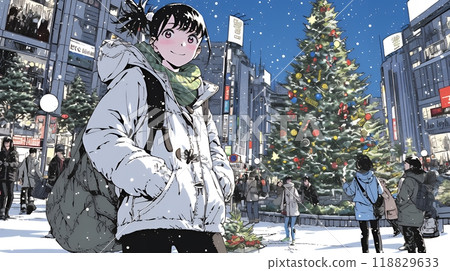 A young woman strolling through a town decorated with beautiful Christmas lights A young woman strolling through a town decorated with beautiful Christmas lights 118829633