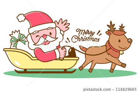 Cute Christmas illustration of Santa Claus and reindeer children riding a sleigh_cute hand-drawn vector material 118829665