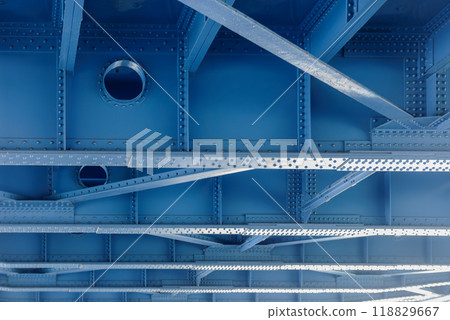 Underside of bridge, steel frame, rivets Underside of bridge, steel frame, rivets 118829667