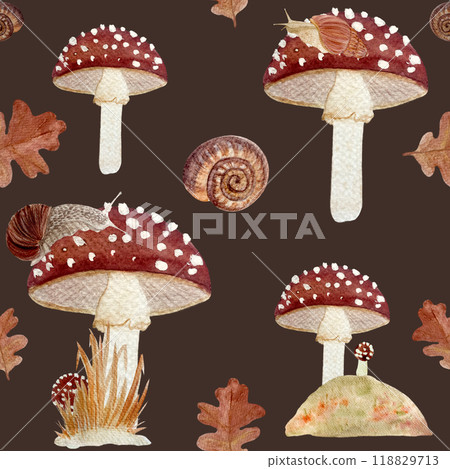 Fly agaric with a snail on it textured watercolor seamless pattern on dark background. Stylized autumn forest hand drawn clip art for kids products, cards, packages, wrapping paper, textile. Red wild 118829713