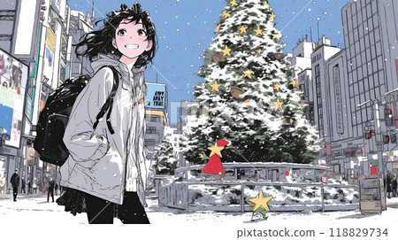 Young woman walking through the city in white Christmas 118829734