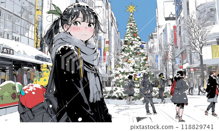 Young woman walking through the city in white Christmas 118829741