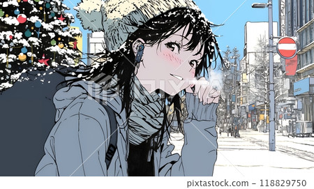 走在白色聖誕街上的年輕女子 走在白色聖誕街上的年輕女子 118829750