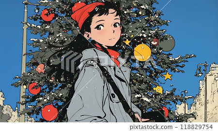 Young woman walking through the city in white Christmas 118829754