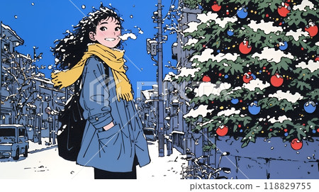 Young woman walking through the city in white Christmas Young woman walking through the city in white Christmas 118829755