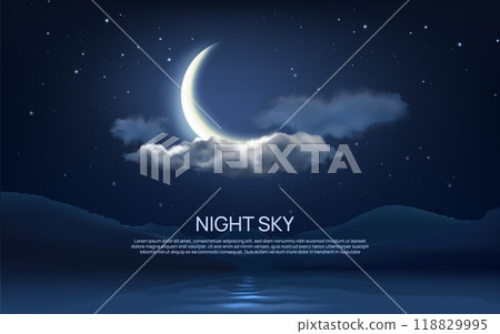 Night sky background. Clouds and moon. Star glow. Crescent on dark blue summer heaven. Evening space light. Mountain peak. Lake water. Midnight cloudscape. Vector twilight nature scene 118829995