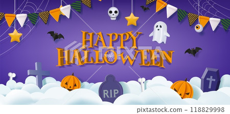 Helloween background. Halloween pumpkin banner for sale or happy party, cute treat or trick decoration, gravestones and skeleton. Invitation horizontal design. Festive flags. Vector poster 118829998