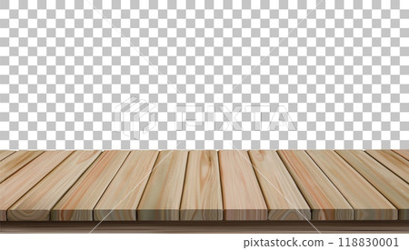 Wooden floor. Wood table. Hardwood desk. Top of wall board. Spring plank texture surface in perspective. Product material. Timber parquet. Rustic flooring. Vector tabletop background 118830001