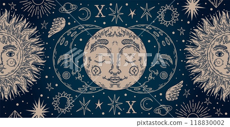 Celestial sun and moon. Tarot vintage card, mystic zodiac star and pattern with esoteric astrology amulet. Abstract mystical horoscope creative banner. Bohemian style. Vector background 118830002