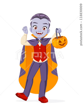 Young boy trick-or-treating with jack-o-lantern in Halloween vampire costume vector illustration. 118830009