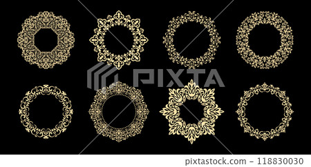 Set of decorative frames Elegant vector element for design in Eastern style, place for text. Floral black and golden borders. Lace illustration for invitations and greeting cards Set of decorative frames Elegant vector element for design in Eastern style, place for text. Floral black and golden borders. Lace illustration for invitations and greeting cards 118830030