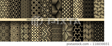 Geometric set of seamless black and golden patterns. Simple vector graphics Geometric set of seamless black and golden patterns. Simple vector graphics 118830031