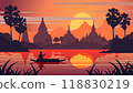 sunset landscape and Buddha Thai temple with a rowing boat around with tree.countryside of east lifestyle 118830219