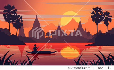 sunset landscape and Buddha Thai temple with a rowing boat around with tree.countryside of east lifestyle sunset landscape and Buddha Thai temple with a rowing boat around with tree.countryside of east lifestyle 118830219
