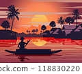 sunset landscape and Buddha Thai temple with a rowing boat around with tree.countryside of east lifestyle 118830220