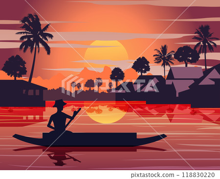 sunset landscape and Buddha Thai temple with a rowing boat around with tree.countryside of east lifestyle 118830220