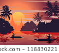 sunset landscape and Buddha Thai temple with a rowing boat around with tree.countryside of east lifestyle 118830221