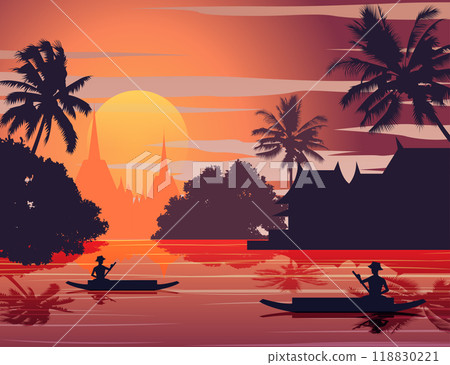 sunset landscape and Buddha Thai temple with a rowing boat around with tree.countryside of east lifestyle sunset landscape and Buddha Thai temple with a rowing boat around with tree.countryside of east lifestyle 118830221