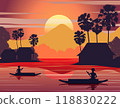 sunset landscape and Buddha Thai temple with a rowing boat around with tree.countryside of east lifestyle 118830222