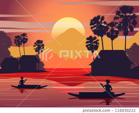 sunset landscape and Buddha Thai temple with a rowing boat around with tree.countryside of east lifestyle sunset landscape and Buddha Thai temple with a rowing boat around with tree.countryside of east lifestyle 118830222