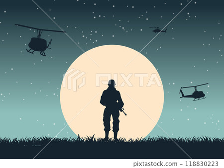 Background of war in situation of soldier standing and hold gun to defend army base Background of war in situation of soldier standing and hold gun to defend army base 118830223