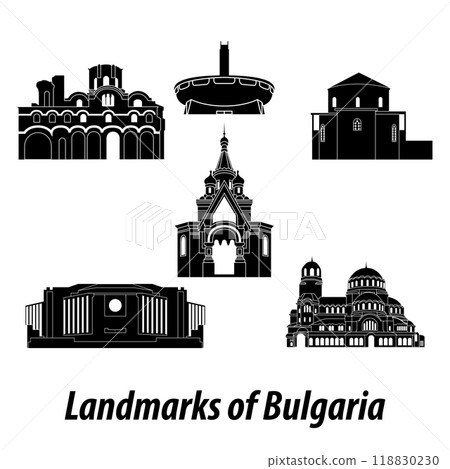 set of famous landmarks of Bulgaria silhouette style with black and white classic color design 118830230