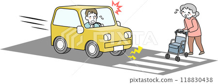 A male driver suddenly stops when he sees an elderly person crossing the street A male driver suddenly stops when he sees an elderly person crossing the street 118830438