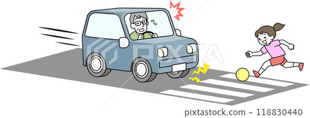 A child jumps out onto the road and a senior male driver suddenly stops 118830440