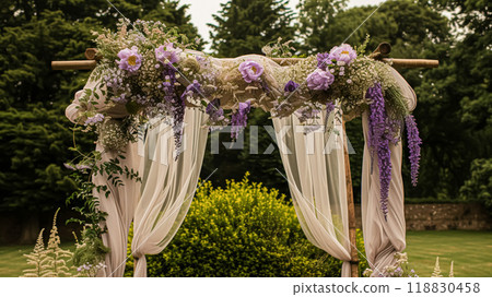 Wedding Ceremony Decorated with Lavender Flowers in the garden. Holiday concept 118830458