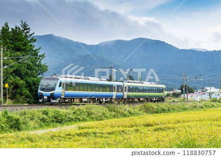 Autumn rice and a train on the Ban'etsu West Line, Inawashiro Town, Fukushima Prefecture 118830757