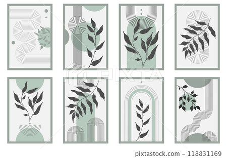 Zen arch poster set with botanical element, simple line arch shapes, and leavs. Geometric Japanese zen pattern minimal elements. Boho style strips, Zen arch poster set with botanical element, simple line arch shapes, and leavs. Geometric Japanese zen pattern minimal elements. Boho style strips, 118831169
