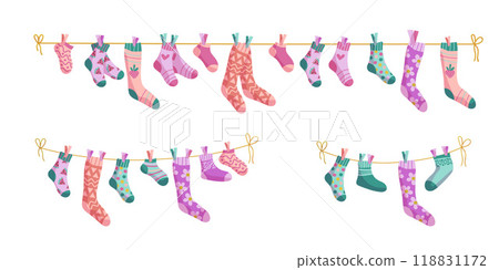 Clothesline socks illustration set. Socks on a rope, Baby socks with patterns vector cartoon. 118831172