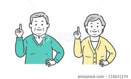 Upper body illustration of a chubby elderly man and woman pointing Upper body illustration of a chubby elderly man and woman pointing 118831174