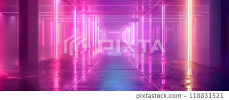 地板上有倒影的未來主義紫色霓虹燈走廊 118831521