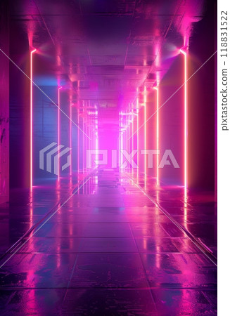 地板上有倒影的未來主義紫色霓虹燈走廊 地板上有倒影的未來主義紫色霓虹燈走廊 118831522