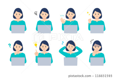 A set of young women with various expressions and poses while looking at a computer [People vector illustration material] 118831593