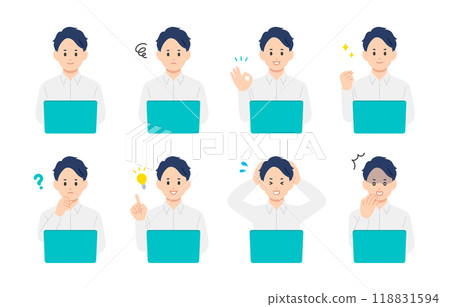 A set of young men with various expressions and poses while looking at a computer [People vector illustration material] 118831594