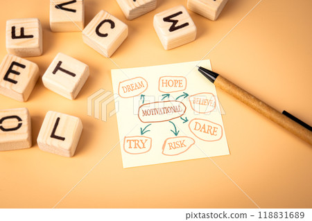 Motivational concept. Dream Hope Believe Dare Risk Try. Notepad and wooden alphabet letters on a Motivational concept. Dream Hope Believe Dare Risk Try. Notepad and wooden alphabet letters on a 118831689