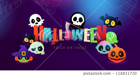 halloween greeting trick or treat with cute spooky character banner 118831720