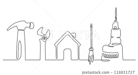 working tools craftsman top view continuous line drawing 118831727