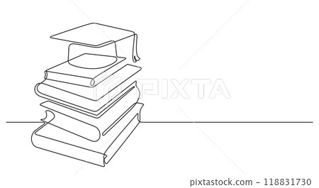 graduation cap on top of stack books in continuous line drawing 118831730