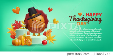 3D autumn background featuring pumpkin and turkey for thanksgiving. 118831748