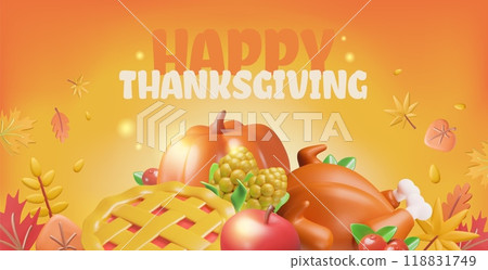 3d thanksgiving banner design with pumpkins and autumn leaves. 3d thanksgiving banner design with pumpkins and autumn leaves. 118831749