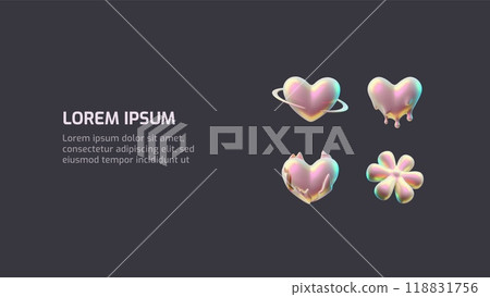 Vector 3D banner with futuristic liquid elements Y2K, chrome hearts. 118831756